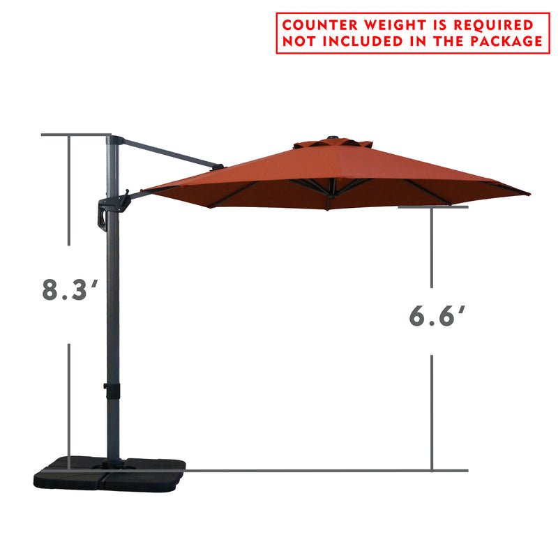 Side - view illustration of a beige cantilever patio umbrella with dimensions. The height of the pole is 8.3 feet and the width of the canopy is 6.6 feet. Note: Counter weight is required and not included in the package.
Diagram showing the measurements of an outdoor offset umbrella. The pole stands at 8.3 feet and the canopy spans 6.6 feet. Warning: Counter weight not provided. Cantilever Patio Umbrella Dimensions: Counter Weight Not Included. Outdoor Offset Umbrella: Size Details 