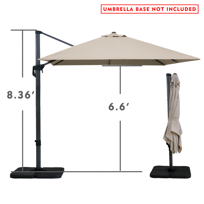 Title: 8.36' Tall Cantilever Umbrella with 6.6' Canopy - Base Not Included
Alt Text: Cantilever umbrella, 8.36' tall with a 6.6' canopy, shown open and closed (base not included).
Keywords: 8.36-foot cantilever umbrella, 6.6-foot canopy, outdoor shade, patio umbrella, adjustable umbrella, garden shade, outdoor decor