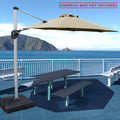 A stylish outdoor offset umbrella in beige provides shade over a picnic table on a deck with a stunning ocean and mountain backdrop. The umbrella is mounted on a base, but a notice in red text states "UMBRELLA BASE NOT INCLUDED". The deck has additional white benches, and the overall setting is bright and inviting.
Beige Cantilever Patio Umbrella: Scenic Outdoor Shade, Base Not Included
Outdoor Offset Umbrella: Enjoy the View, Base Not Included.
cantilever patio umbrella, offset umbrella, beige umbrella