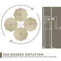 An illustration showing the 360 - degree rotation feature of a beige patio umbrella. The left side of the image has a top - down view with four umbrella canopies arranged in a circular pattern, indicating the rotation range with curved arrows. The right side depicts a line - drawing of the umbrella pole and the mechanism for rotation. Below, text reads "360 - DEGREE ROTATION" and "360 - DEGREE ROTATION FOR EASIER SHADING AREA CONTROL".patio umbrella, 360 - degree rotation, outdoor umbrella.