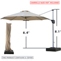 A beige - colored cantilever patio umbrella with measurements displayed. The height of the umbrella pole is 8.1 feet, and the height from the ground to the underside of the canopy is 6.4 feet. There is a red notice at the top stating "UMBRELLA BASE NOT INCLUDED", and a note at the bottom indicating "THE PRODUCT CONTAINS A COVER". An image of the umbrella covered with a beige protective cover is also shown. Beige Cantilever Patio Umbrella: Dimensions and Cover Included, Base Not Included. 