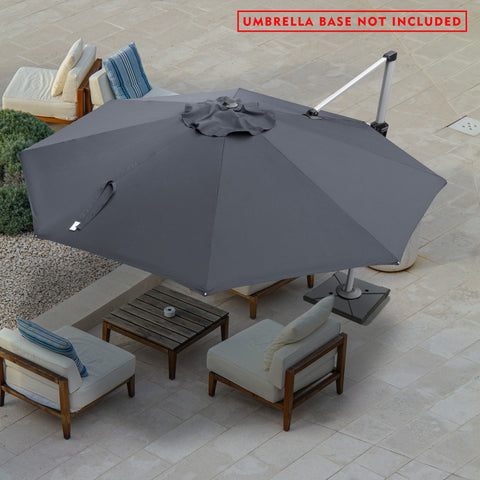 A gray - colored cantilever patio umbrella provides shade over an outdoor seating area. The umbrella is open, with a fabric cover on the top center. The setup includes a wooden coffee table and cushioned chairs with blue - striped and plain pillows. A red notice at the top states "UMBRELLA BASE NOT INCLUDED". The scene is set on a tiled patio with some greenery in the background.
Gray Cantilever Patio Umbrella: Shade for Outdoor Relaxation, Base Not Included
cantilever patio umbrella, offset umbrella, gray 