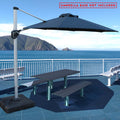 A stylish outdoor offset umbrella in navy blue provides shade over a picnic table on a deck with a stunning ocean and mountain backdrop. The umbrella is mounted on a base, but a notice in red text states "UMBRELLA BASE NOT INCLUDED". The deck has additional white benches, and the overall setting is bright and inviting.
Navy Blue Cantilever Patio Umbrella: Scenic Outdoor Shade, Base Not Included
Outdoor Offset Umbrella: Enjoy the View, Base Not Included.
cantilever patio umbrella, offset umbrella, navy blue 