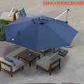 A navy blue - colored cantilever patio umbrella provides shade over an outdoor seating area. The umbrella is open, with a fabric cover on the top center. The setup includes a wooden coffee table and cushioned chairs with blue - striped and plain pillows. A red notice at the top states "UMBRELLA BASE NOT INCLUDED". The scene is set on a tiled patio with some greenery in the background.
Navy Blue Cantilever Patio Umbrella: Shade for Outdoor Relaxation, Base Not Included
cantilever patio umbrella, offset umbre