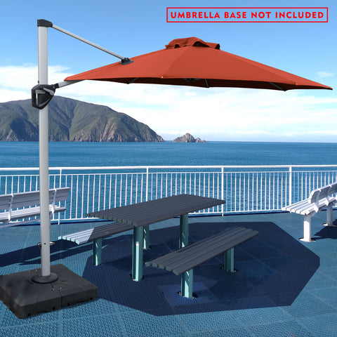 A stylish outdoor offset umbrella in red provides shade over a picnic table on a deck with a stunning ocean and mountain backdrop. The umbrella is mounted on a base, but a notice in red text states "UMBRELLA BASE NOT INCLUDED". The deck has additional white benches, and the overall setting is bright and inviting.
Red Cantilever Patio Umbrella: Scenic Outdoor Shade, Base Not Included
Outdoor Offset Umbrella: Enjoy the View, Base Not Included.
cantilever patio umbrella, offset umbrella, red umbrella