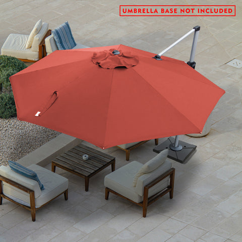 A red - colored cantilever patio umbrella provides shade over an outdoor seating area. The umbrella is open, with a fabric cover on the top center. The setup includes a wooden coffee table and cushioned chairs with blue - striped and plain pillows. A red notice at the top states "UMBRELLA BASE NOT INCLUDED". The scene is set on a tiled patio with some greenery in the background.
Red Cantilever Patio Umbrella: Shade for Outdoor Relaxation, Base Not Included
cantilever patio umbrella, offset umbrella, red umb