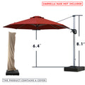 A red - colored cantilever patio umbrella with measurements displayed. The height of the umbrella pole is 8.1 feet, and the height from the ground to the underside of the canopy is 6.4 feet. There is a red notice at the top stating "UMBRELLA BASE NOT INCLUDED", and a note at the bottom indicating "THE PRODUCT CONTAINS A COVER". An image of the umbrella covered with a red protective cover is also shown. Red Cantilever Patio Umbrella: Dimensions and Cover Included, Base Not Included. 