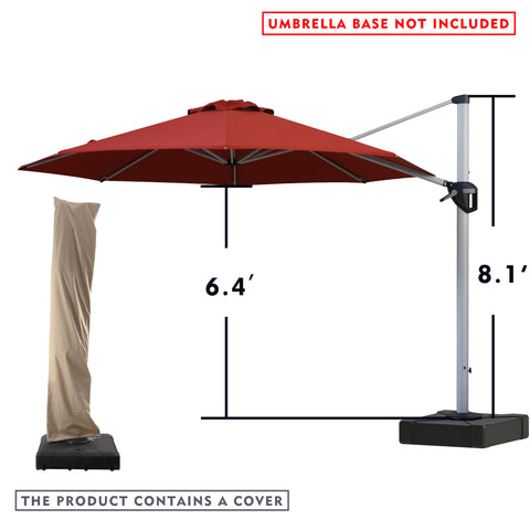 A red - colored cantilever patio umbrella with measurements displayed. The height of the umbrella pole is 8.1 feet, and the height from the ground to the underside of the canopy is 6.4 feet. There is a red notice at the top stating "UMBRELLA BASE NOT INCLUDED", and a note at the bottom indicating "THE PRODUCT CONTAINS A COVER". An image of the umbrella covered with a red protective cover is also shown. Red Cantilever Patio Umbrella: Dimensions and Cover Included, Base Not Included. 