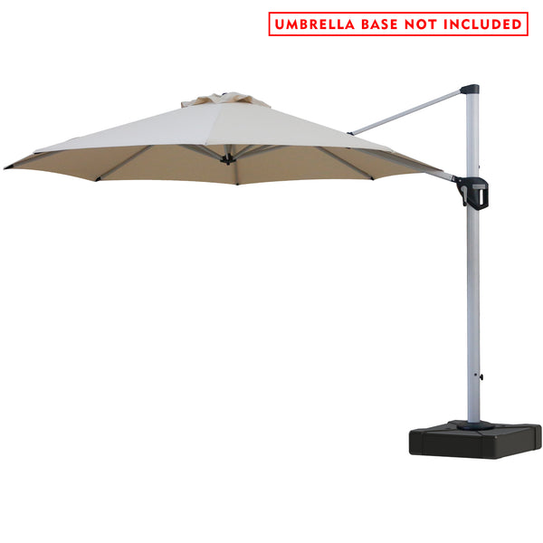 A beige - colored cantilever patio umbrella with a sleek silver - gray pole. The umbrella is open, showcasing its wide canopy. A black handle is visible on the pole for adjusting the umbrella. The image has a red text at the top stating "UMBRELLA BASE NOT INCLUDED". Beige Cantilever Patio Umbrella: Base Not Included. Outdoor Offset Umbrella: Stylish Design, Base Not Included. cantilever patio umbrella, offset umbrella, beige umbrella, umbrella base not included, outdoor umbrella