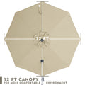 Top - down view of a 12 - foot beige patio umbrella canopy, designed to create a more comfortable outdoor environment.
A 12- ft canopy of an outdoor umbrella shown from above, emphasizing comfort in the outdoor setting. 12 FT Patio Umbrella Canopy for Comfortable Outdoors. 12 - Foot Canopy: Enhance Your Outdoor Comfort. 12 ft umbrella canopy, patio umbrella, outdoor umbrella, comfortable outdoor environment, beige umbrella canopy