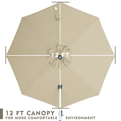 Top - down view of a 12 - foot beige patio umbrella canopy, designed to create a more comfortable outdoor environment.
A 12- ft canopy of an outdoor umbrella shown from above, emphasizing comfort in the outdoor setting. 12 FT Patio Umbrella Canopy for Comfortable Outdoors. 12 - Foot Canopy: Enhance Your Outdoor Comfort. 12 ft umbrella canopy, patio umbrella, outdoor umbrella, comfortable outdoor environment, beige umbrella canopy