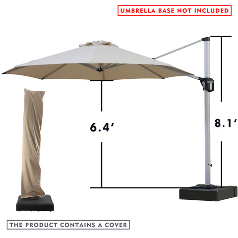 A beige - colored cantilever patio umbrella with measurements displayed. The height of the umbrella pole is 8.1 feet, and the height from the ground to the underside of the canopy is 6.4 feet. There is a red notice at the top stating "UMBRELLA BASE NOT INCLUDED", and a note at the bottom indicating "THE PRODUCT CONTAINS A COVER". An image of the umbrella covered with a beige protective cover is also shown. Beige Cantilever Patio Umbrella: Dimensions and Cover Included, Base Not Included. 