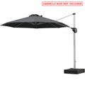 A gray - colored cantilever patio umbrella with a sleek silver - gray pole. The umbrella is open, showcasing its wide canopy. A black handle is visible on the pole for adjusting the umbrella. The image has a red text at the top stating "UMBRELLA BASE NOT INCLUDED". Gray Cantilever Patio Umbrella: Base Not Included. Outdoor Offset Umbrella: Stylish Design, Base Not Included. cantilever patio umbrella, offset umbrella, gray umbrella, umbrella base not included, outdoor umbrella