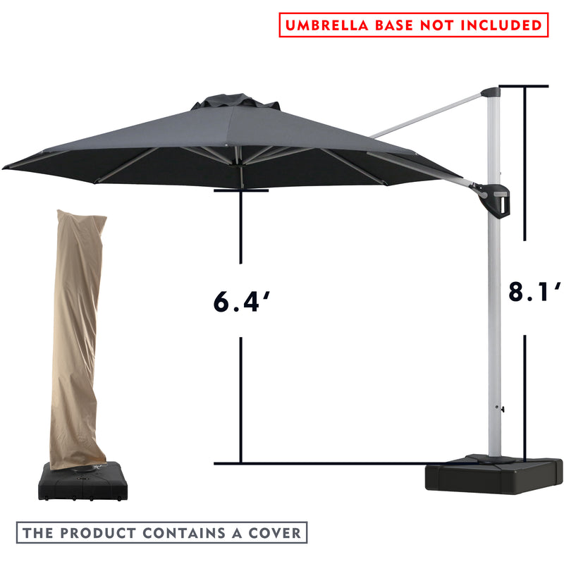 A gray - colored cantilever patio umbrella with measurements displayed. The height of the umbrella pole is 8.1 feet, and the height from the ground to the underside of the canopy is 6.4 feet. There is a red notice at the top stating "UMBRELLA BASE NOT INCLUDED", and a note at the bottom indicating "THE PRODUCT CONTAINS A COVER". An image of the umbrella covered with a  gray protective cover is also shown. Gray Cantilever Patio Umbrella: Dimensions and Cover Included, Base Not Included. 
