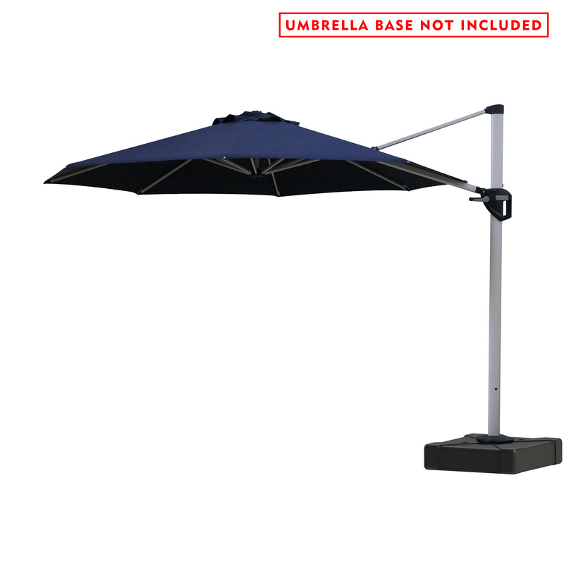 A navy blue - colored cantilever patio umbrella with a sleek silver - gray pole. The umbrella is open, showcasing its wide canopy. A black handle is visible on the pole for adjusting the umbrella. The image has a red text at the top stating "UMBRELLA BASE NOT INCLUDED". Navy Blue Cantilever Patio Umbrella: Base Not Included. Outdoor Offset Umbrella: Stylish Design, Base Not Included. cantilever patio umbrella, offset umbrella, navy blue umbrella, umbrella base not included, outdoor umbrella