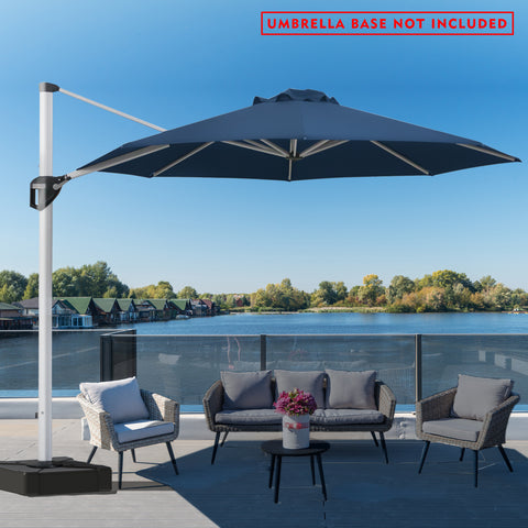 A stylish outdoor offset umbrella in navy blue provides shade over a picnic table on a deck with a stunning lake and mountain backdrop. The umbrella is mounted on a base, but a notice in red text states "UMBRELLA BASE NOT INCLUDED". The deck has additional white benches, and the overall setting is bright and inviting.
Navy Blue Cantilever Patio Umbrella: Scenic Outdoor Shade, Base Not Included
Outdoor Offset Umbrella: Enjoy the View, Base Not Included.
cantilever patio umbrella, offset umbrella, navy blue 