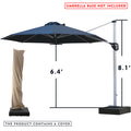 A navy blue - colored cantilever patio umbrella with measurements displayed. The height of the umbrella pole is 8.1 feet, and the height from the ground to the underside of the canopy is 6.4 feet. There is a red notice at the top stating "UMBRELLA BASE NOT INCLUDED", and a note at the bottom indicating "THE PRODUCT CONTAINS A COVER". An image of the umbrella covered with a navy blue protective cover is also shown. Navy blue Cantilever Patio Umbrella: Dimensions and Cover Included, Base Not Included. 