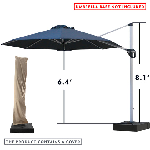 A navy blue - colored cantilever patio umbrella with measurements displayed. The height of the umbrella pole is 8.1 feet, and the height from the ground to the underside of the canopy is 6.4 feet. There is a red notice at the top stating "UMBRELLA BASE NOT INCLUDED", and a note at the bottom indicating "THE PRODUCT CONTAINS A COVER". An image of the umbrella covered with a navy blue protective cover is also shown. Navy blue Cantilever Patio Umbrella: Dimensions and Cover Included, Base Not Included. 