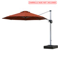 A Red - colored cantilever patio umbrella with a sleek silver - gray pole. The umbrella is open, showcasing its wide canopy. A black handle is visible on the pole for adjusting the umbrella. The image has a red text at the top stating "UMBRELLA BASE NOT INCLUDED". Red Cantilever Patio Umbrella: Base Not Included. Outdoor Offset Umbrella: Stylish Design, Base Not Included. cantilever patio umbrella, offset umbrella, red umbrella, umbrella base not included, outdoor umbrella