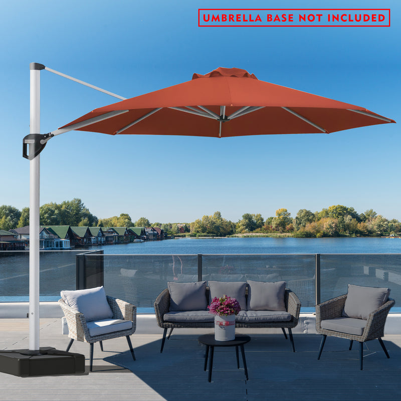 A stylish outdoor offset umbrella in red provides shade over a picnic table on a deck with a stunning lake and mountain backdrop. The umbrella is mounted on a base, but a notice in red text states "UMBRELLA BASE NOT INCLUDED". The deck has additional white benches, and the overall setting is bright and inviting.
Red Cantilever Patio Umbrella: Scenic Outdoor Shade, Base Not Included
Outdoor Offset Umbrella: Enjoy the View, Base Not Included.
cantilever patio umbrella, offset umbrella, red umbrella