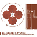 An illustration showing the 360 - degree rotation feature of a red patio umbrella. The left side of the image has a top - down view with four umbrella canopies arranged in a circular pattern, indicating the rotation range with curved arrows. The right side depicts a line - drawing of the umbrella pole and the mechanism for rotation. Below, text reads "360 - DEGREE ROTATION" and "360 - DEGREE ROTATION FOR EASIER SHADING AREA CONTROL".patio umbrella, 360 - degree rotation, outdoor umbrella.