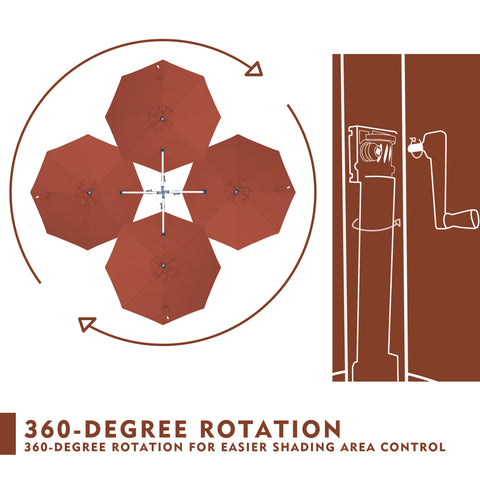 An illustration showing the 360 - degree rotation feature of a red patio umbrella. The left side of the image has a top - down view with four umbrella canopies arranged in a circular pattern, indicating the rotation range with curved arrows. The right side depicts a line - drawing of the umbrella pole and the mechanism for rotation. Below, text reads "360 - DEGREE ROTATION" and "360 - DEGREE ROTATION FOR EASIER SHADING AREA CONTROL".patio umbrella, 360 - degree rotation, outdoor umbrella.