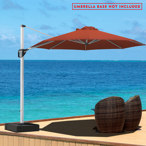 A red - colored cantilever patio umbrella stands on a wooden deck overlooking a stunning blue ocean. The umbrella is positioned to provide shade over a pair of wicker chairs. A red notice at the top states "UMBRELLA BASE NOT INCLUDED". The serene seascape in the background enhances the relaxing outdoor setting.Red Cantilever Patio Umbrella by the Sea: Base Not Included.cantilever patio umbrella, offset umbrella, red umbrella, umbrella base not included, seaside patio, wicker chairs.
