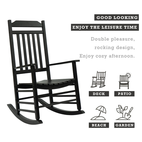 Black Wooden Rocking Chair - Ideal for Leisure
A black wooden rocking chair designed for leisure, with the tagline "GOOD LOOKING ENJOY THE LEISURE TIME". It highlights the rocking design for relaxation, suitable for deck, patio, beach, and garden settings.