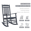 wooden rocking chair designed for leisure, with the tagline "GOOD LOOKING ENJOY THE LEISURE TIME". It highlights the rocking design for relaxation, suitable for deck, patio, beach, and garden settings.