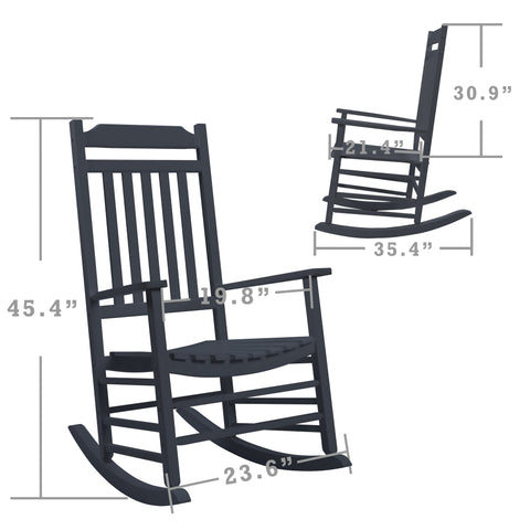 Kozyard wooden rocking chair in black with detailed measurements shown, crafted from durable wood, suitable for comfortable seating on patios, porches and outdoor relaxation areas.