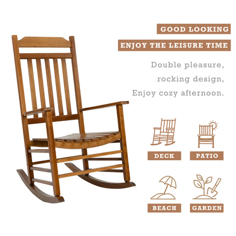 wooden rocking chair designed for leisure, with the tagline "GOOD LOOKING ENJOY THE LEISURE TIME". It highlights the rocking design for relaxation, suitable for deck, patio, beach, and garden settings.