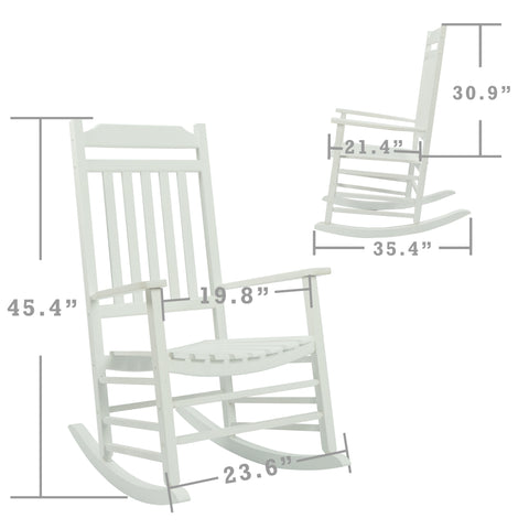 Kozyard wooden rocking chair in black with detailed measurements shown, crafted from durable wood, suitable for comfortable seating on patios, porches and outdoor relaxation areas.