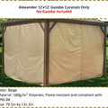 A set of beige privacy curtains designed for a 12'x12' Alexander gazebo. The text indicates that only the curtains are included, not the gazebo frame. The curtains are made of 180g/m² polyester, are flame - resistant, and compliant with CPAI - 84. Each curtain measures 79.5 inches by 131.5 inches.Beige Privacy Curtains for 12'x12' Alexander Gazebo (Frame Not Included). Alexander gazebo, 12x12 gazebo, beige curtains, privacy curtains, flame - resistant polyester