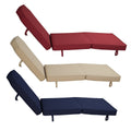Three sets of lounge chair cushions are displayed in vibrant red, neutral beige, and deep navy blue. Each cushion set is designed to fit a lounge chair, with the backrest and seating sections clearly visible. The cushions are equipped with straps for securing them to the chairs.Lounge Chair Cushions in Red, Beige, and Navy Blue. lounge chair cushions, red cushions, beige cushions, navy blue cushions, outdoor cushions.