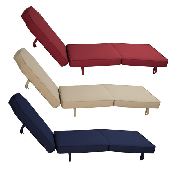 Three sets of lounge chair cushions are displayed in vibrant red, neutral beige, and deep navy blue. Each cushion set is designed to fit a lounge chair, with the backrest and seating sections clearly visible. The cushions are equipped with straps for securing them to the chairs.Lounge Chair Cushions in Red, Beige, and Navy Blue. lounge chair cushions, red cushions, beige cushions, navy blue cushions, outdoor cushions.