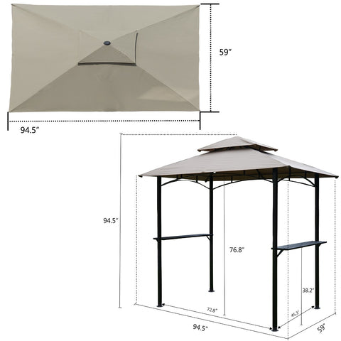 A technical illustration of a beige canopy for an outdoor barbecue gazebo. The top - view shows the canopy dimensions as 94.5 inches in width and 59 inches in height. The side - view of the assembled gazebo indicates the canopy width is 94.5 inches, with other structural dimensions such as 76.8 inches for the height from the ground to a certain part of the frame and 38.2 inches for another measurement.Beige Canopy for 94.5” x 59” Outdoor Barbecue Gazebo with Dimensions.outdoor barbecue gazebo, beige canopy