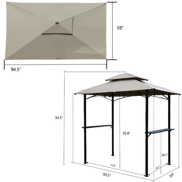 A technical illustration of a beige canopy for an outdoor barbecue gazebo. The top - view shows the canopy dimensions as 94.5 inches in width and 59 inches in height. The side - view of the assembled gazebo indicates the canopy width is 94.5 inches, with other structural dimensions such as 76.8 inches for the height from the ground to a certain part of the frame and 38.2 inches for another measurement.Beige Canopy for 94.5” x 59” Outdoor Barbecue Gazebo with Dimensions.outdoor barbecue gazebo, beige canopy