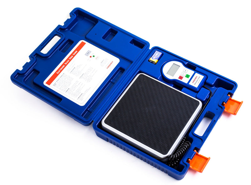 Title: Kozyvacu TAS100 Electronic Scale Kit in Blue Carrying Case
Alt Text: Open blue Kozyvacu carrying case with TAS100 Electronic Scale, display unit, and battery for HVAC refrigerant weighing.
Keywords: Kozyvacu, TAS100, electronic scale kit, HVAC tools, refrigerant scale, carrying case, portable weighing