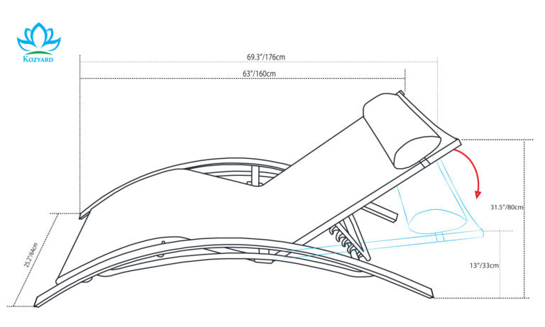 KOZYARD Outdoor Lounge Chair Dimensions and Adjustment Feature
alt text：Technical drawing showing the dimensions of a KOZYARD outdoor lounge chair, highlighting its adjustable headrest feature. Keywords: KOZYARD, outdoor lounge chair, dimensions, adjustable headrest