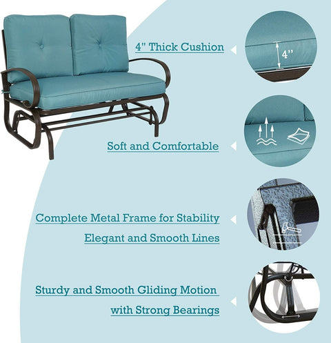 A glider chair with 4 - inch thick blue cushions, offering soft and comfortable seating. It features a sturdy metal frame for stability, with elegant and smooth lines. The chair also provides a sturdy and smooth gliding motion thanks to its strong bearings.Blue - Cushioned Glider Chair: Comfort and Sturdiness. blue - cushioned glider chair, 4 - inch thick cushions, metal frame, smooth gliding motion, comfortable seating.