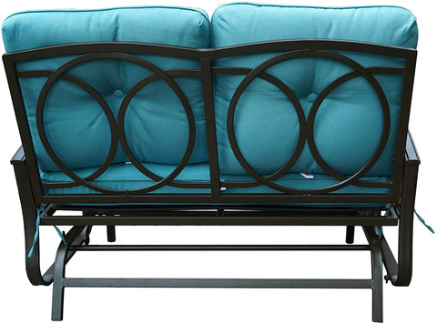 A glider bench with vibrant blue cushions, featuring an elegant black metal frame with circular cut - out designs on the backrest. The bench is designed for a smooth gliding motion, providing a comfortable and stylish seating option for outdoor spaces. Blue - Cushioned Glider Bench with Circular Design. blue - cushioned glider bench, black metal frame, circular backrest design, smooth gliding motion, outdoor seating.
