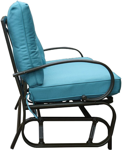 Side view of a glider chair with a blue cushioned seat and backrest. The chair features a sturdy metal frame with curved armrests and a slatted lower frame, designed for comfortable outdoor or indoor relaxation. glider chair, blue cushion, metal frame, curved armrests, relaxation.
