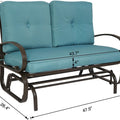 A glider chair with blue cushions, featuring dimensions of 47 inches in width, 33.5 inches in height, and a seat cushion thickness of 6 inches. The chair has a sturdy metal frame with curved arm-rests, and a height of 29.1 inches from the ground to the bottom of the frame. blue-cushioned glider chair, metal-framed glider, cushioned seating, chair dimensions.

