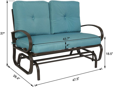 A glider chair with blue cushions, featuring dimensions of 47 inches in width, 33.5 inches in height, and a seat cushion thickness of 6 inches. The chair has a sturdy metal frame with curved arm-rests, and a height of 29.1 inches from the ground to the bottom of the frame. blue-cushioned glider chair, metal-framed glider, cushioned seating, chair dimensions.

