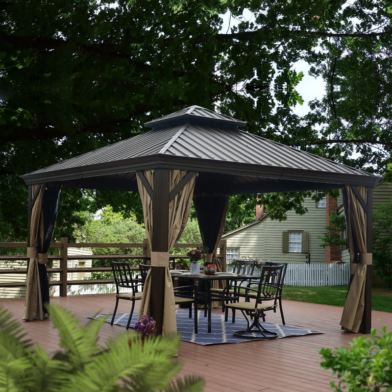 Kozyard Alexander 12' X 12' Hardtop Gazebo, Aluminum Metal Gazebo with Galvanized Steel Double Roof Canopy, Curtain and Netting, Permanent Gazebo Pavilion for Patio, Backyard, Deck, Lawn (Brown)