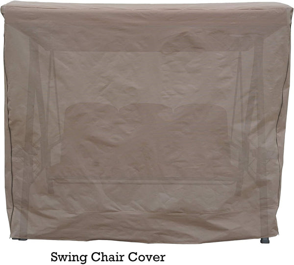 A beige - colored cover designed to protect a swing chair. The cover completely encloses the swing chair, providing full - coverage protection from the elements. It is labeled "Swing Chair Cover" at the bottom. All - Weather Protection Swing Chair Cover. swing chair cover, outdoor furniture cover, beige - colored cover, weather - resistant cover, swing protection
