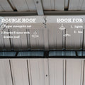 An interior view of an outdoor gazebo's roof structure. The text "DOUBLE ROOF" on the left highlights features such as an upper mosquito net and a sturdy frame with a double - roof design. On the right, "HOOK FOR" is labeled, indicating that the hooks can be used for hanging lights and fans. Outdoor Gazebo: Double Roof and Hanging Hook Features. outdoor gazebo, double roof, mosquito net, hanging hook, lights, fan.
