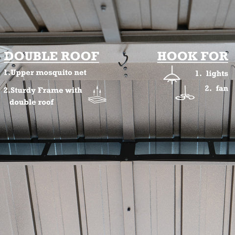 An interior view of an outdoor gazebo's roof structure. The text "DOUBLE ROOF" on the left highlights features such as an upper mosquito net and a sturdy frame with a double - roof design. On the right, "HOOK FOR" is labeled, indicating that the hooks can be used for hanging lights and fans. Outdoor Gazebo: Double Roof and Hanging Hook Features. outdoor gazebo, double roof, mosquito net, hanging hook, lights, fan.