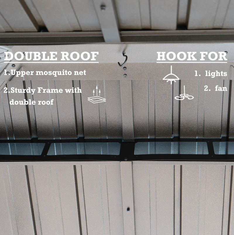 An interior view of an outdoor gazebo's roof structure. The text "DOUBLE ROOF" on the left highlights features such as an upper mosquito net and a sturdy frame with a double - roof design. On the right, "HOOK FOR" is labeled, indicating that the hooks can be used for hanging lights and fans. Outdoor Gazebo: Double Roof and Hanging Hook Features. outdoor gazebo, double roof, mosquito net, hanging hook, lights, fan.