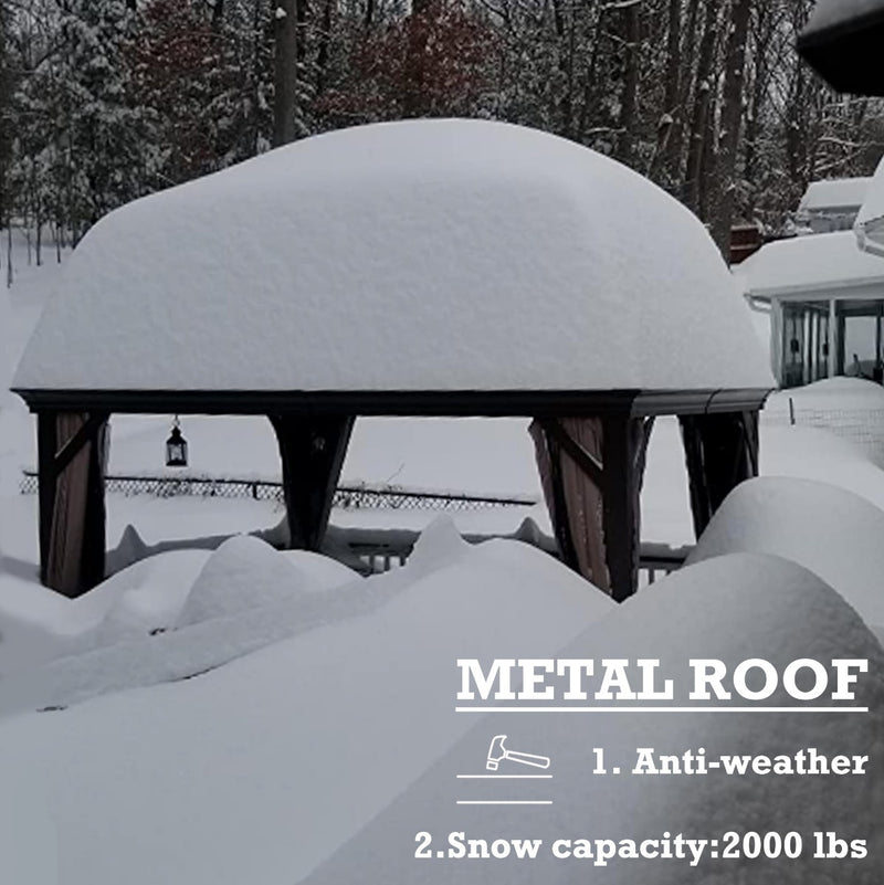 An outdoor gazebo with a metal roof heavily laden with snow. The scene is set in a snowy environment with trees and other buildings in the background also covered in snow. Text on the image highlights the features of the metal roof: "1. Anti - weather" and "2. Snow capacity: 2000 lbs".Sturdy Outdoor Gazebo Metal Roof: Built for Heavy Snow. outdoor gazebo, metal roof, anti - weather, snow capacity, heavy snow.